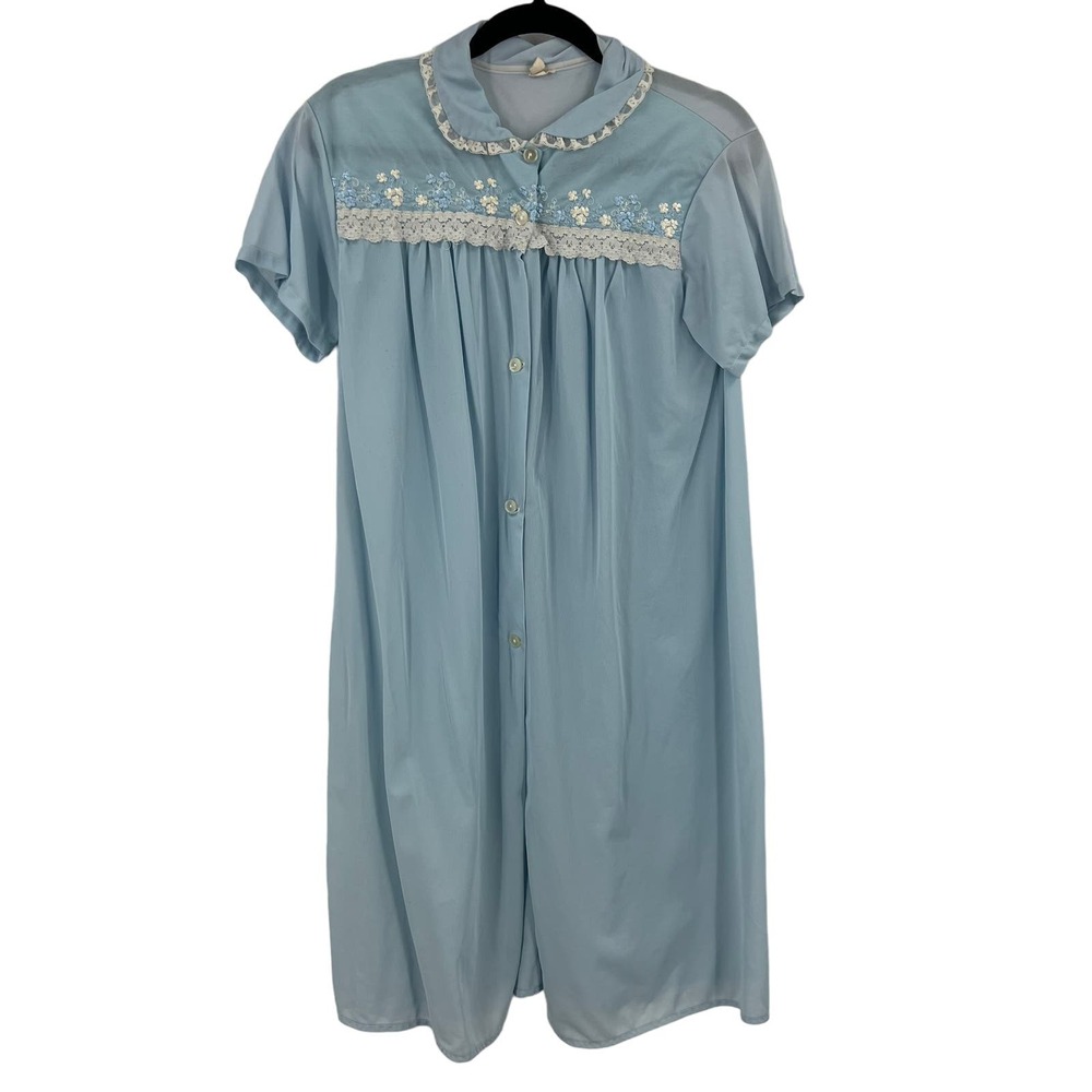 Vintage Philmaid Baby Blue Floral Lace Short Sleeve Nightgown Button Front Large